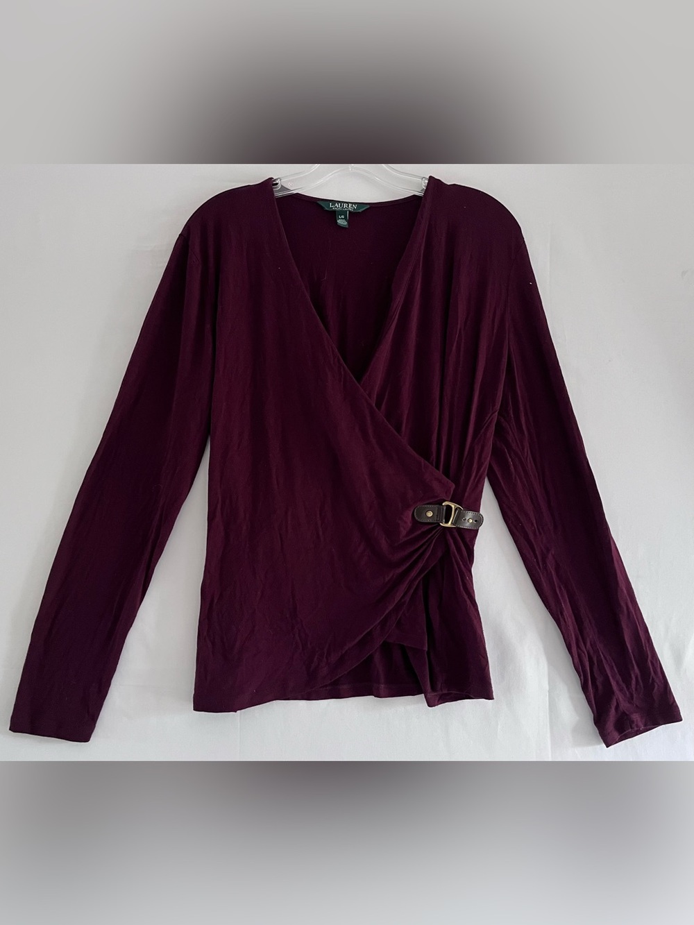 Ralph Lauren Burgundy Faux Wrap Top with O-Ring Buckle Size L